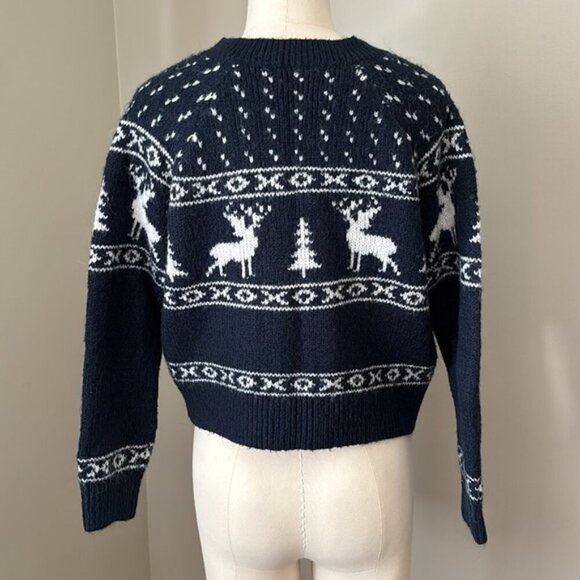 Old Navy Fair Isle Wool Blend Knit Button Up Cropped Holiday Cardigan Blue/White - Picture 5 of 7